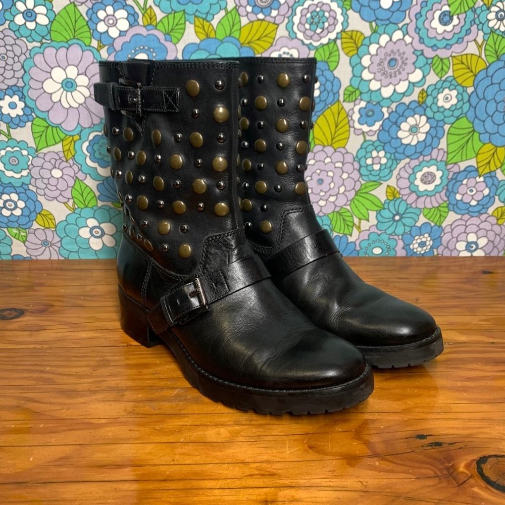 Michael Kors Black Leather Studded Moto/Biker Boots Size: 6